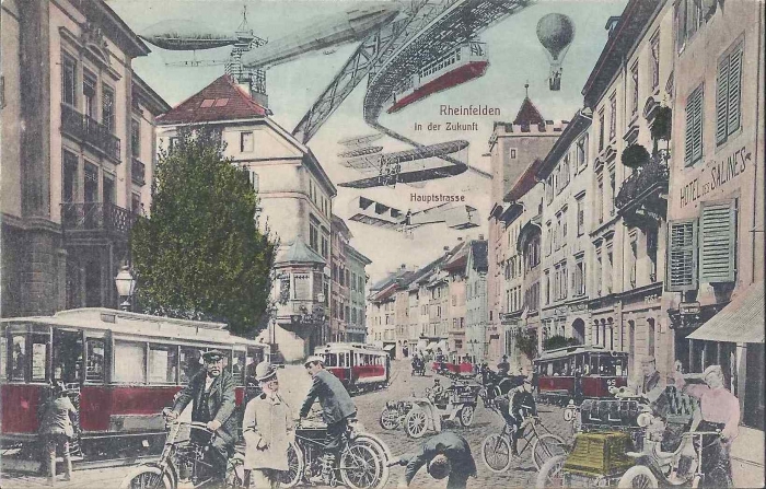 <p>Hauptstrasse mit Hotel des Salines , Verkehrs Chaos in Zukunft : ,Flugzeuge, Bahnen,Zeppelins, Autos, trams.Motorräder, Luftballons . Karte Top Zustand ,2.2.1910 gelaufen</p>